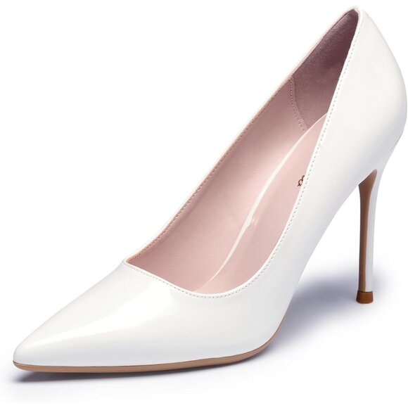 Women White Polyurethane (PU) Closed Pointed Toe Stiletto High Heel Shoes Pumps - Picture 1 of 6
